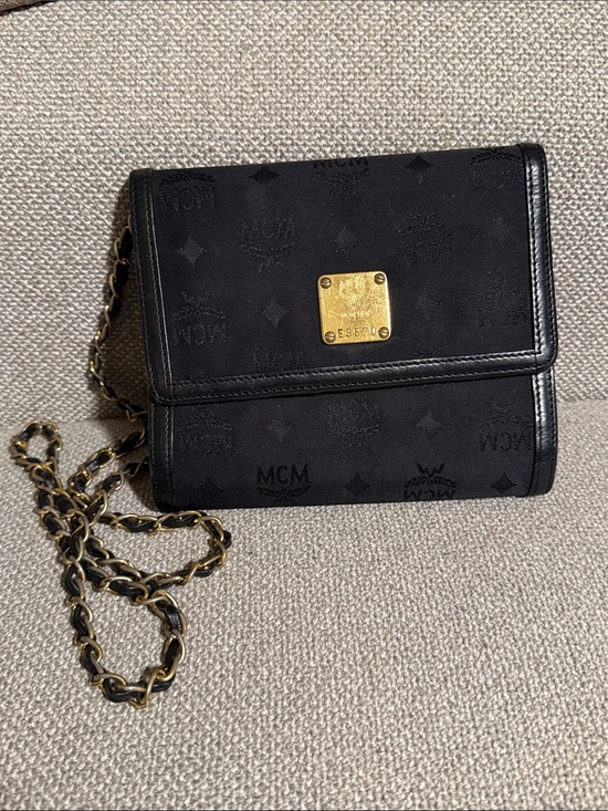 MCM Handbags - MCM Black Monogram Chain Shoulder Bag Clutch with Gold Plate